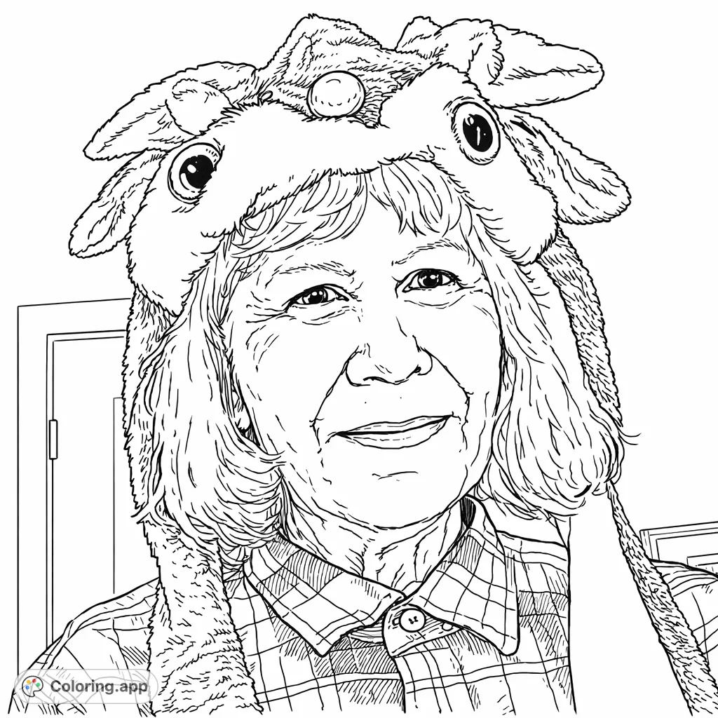 Color a cheerful portrait of an individual wearing a fun reindeer hat with expressive eyes and a round nose. Perfect for festive joy and creative expression!