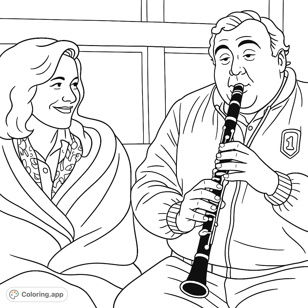 Capture a heartwarming musical serenade scene featuring a man skillfully playing the clarinet and a woman enjoying the performance. A delightful moment of connection.