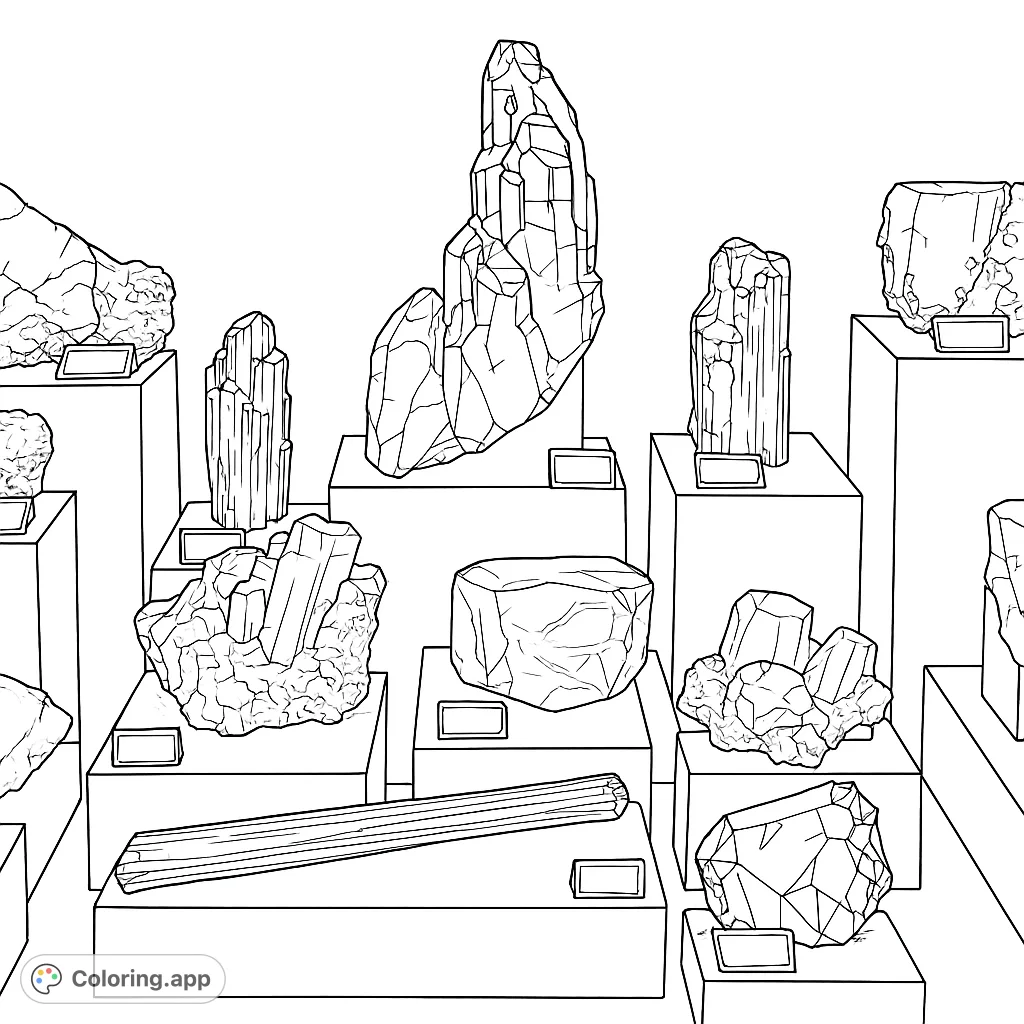 Explore a stunning collection of diverse mineral specimens, from towering crystals to unique formations. Perfect for geology enthusiasts and detail-oriented colorists!