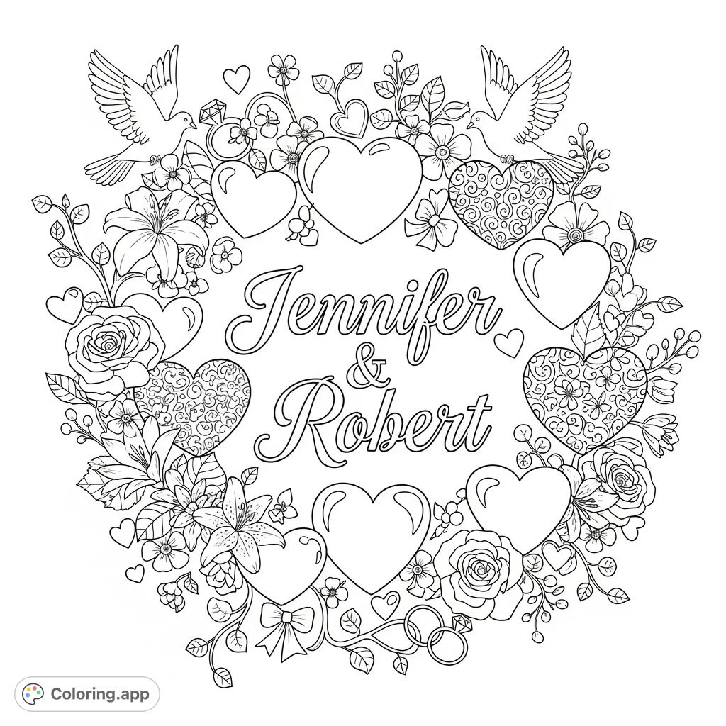 A heartfelt coloring page featuring the names Jennifer & Robert elegantly intertwined with a beautiful array of hearts, flowers, and romantic elements.