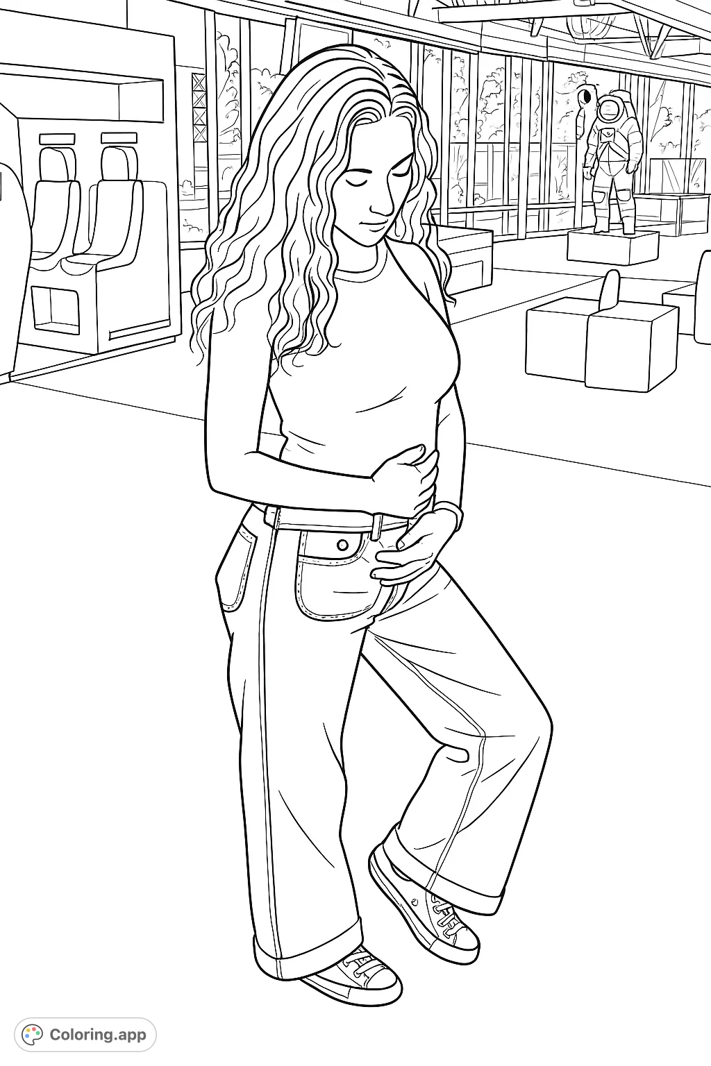 A contemporary scene featuring a person in casual attire, observing the ground within a modern museum or exhibit hall, surrounded by abstract displays.