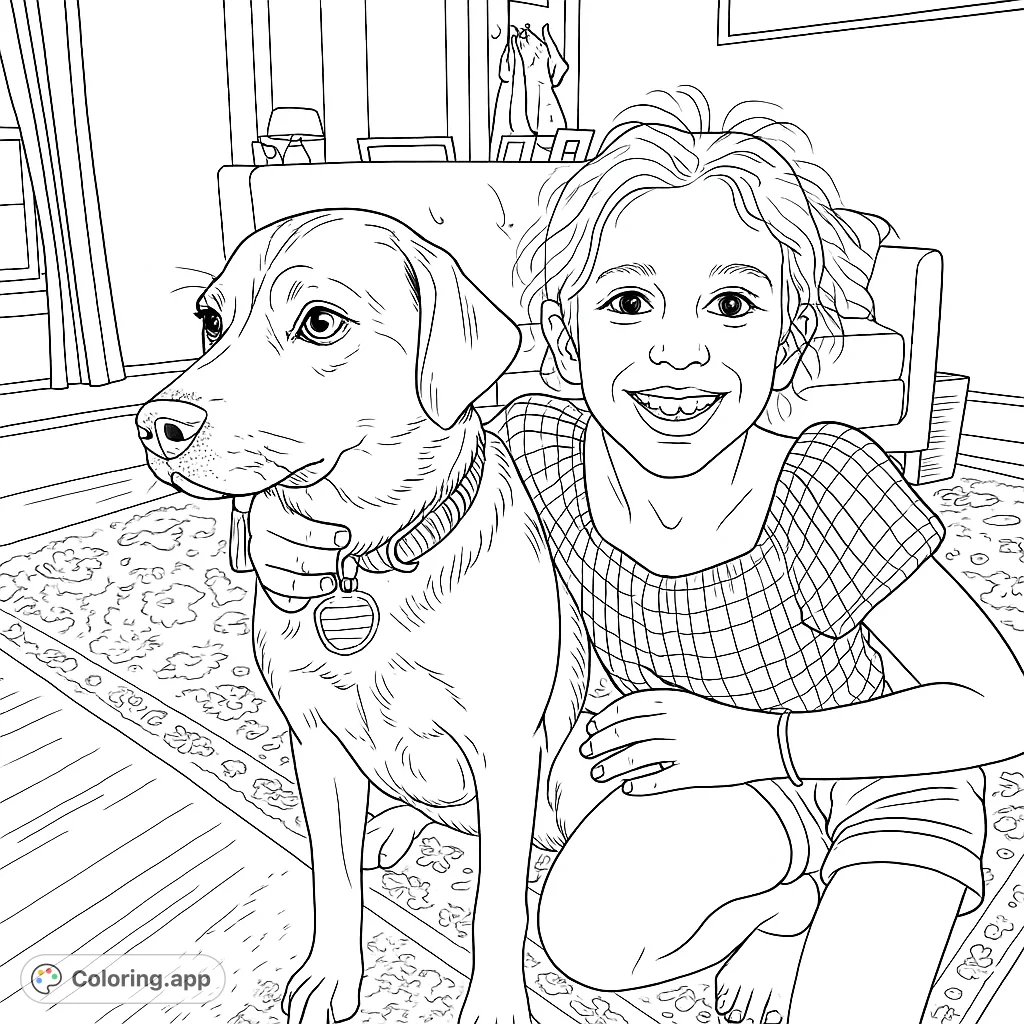 A heartwarming girl and dog coloring page, featuring a cheerful girl embracing her canine companion in a cozy room. Perfect for animal lovers!