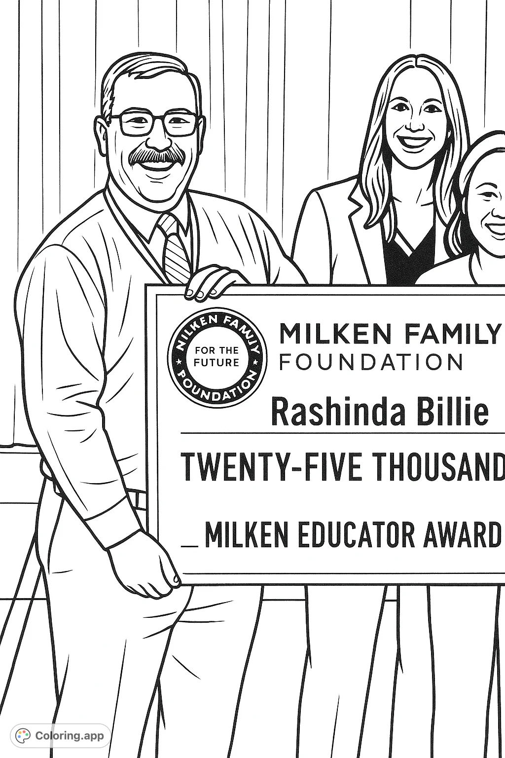 A smiling man holds a large award check, flanked by two women, celebrating a significant achievement. A recognition scene for a special educator.