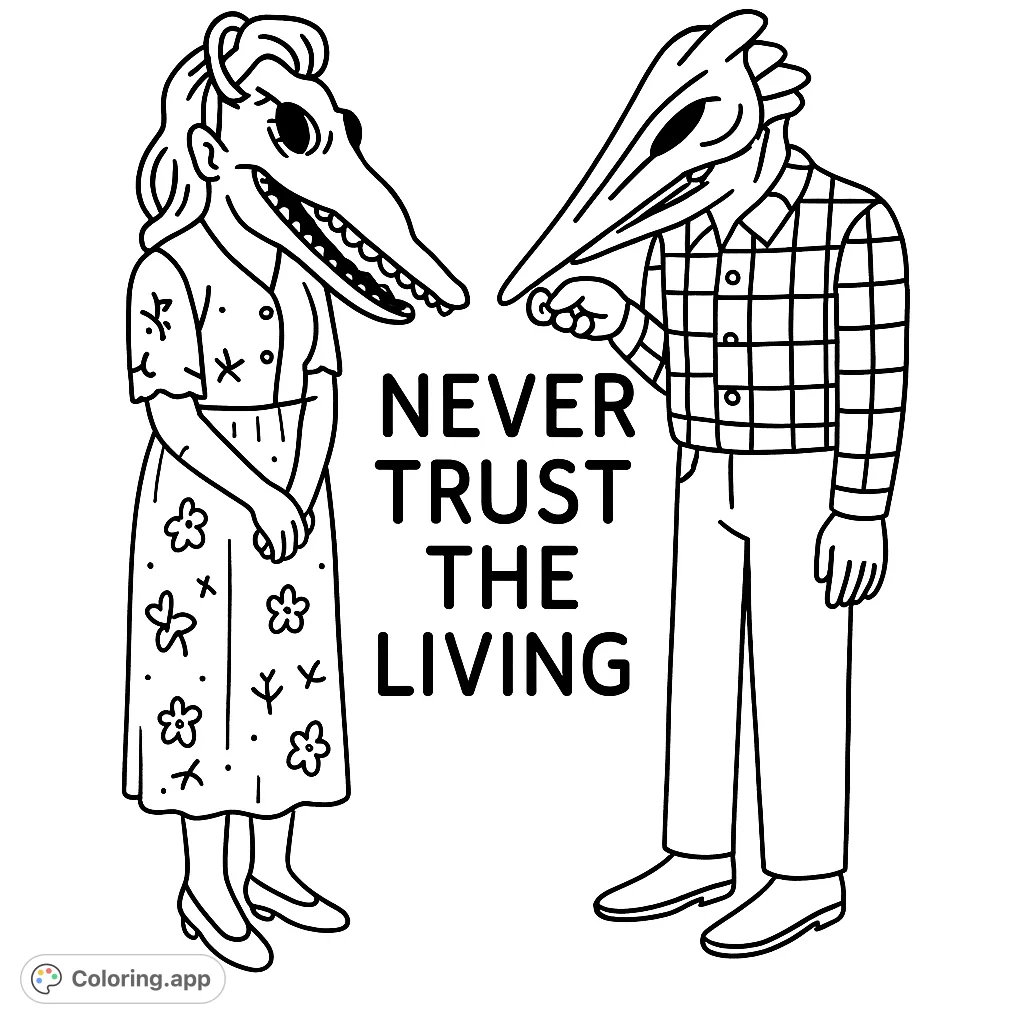 Color this unique page featuring two bird-headed figures in detailed attire, holding a mysterious object with the bold phrase "NEVER TRUST THE LIVING" between them.