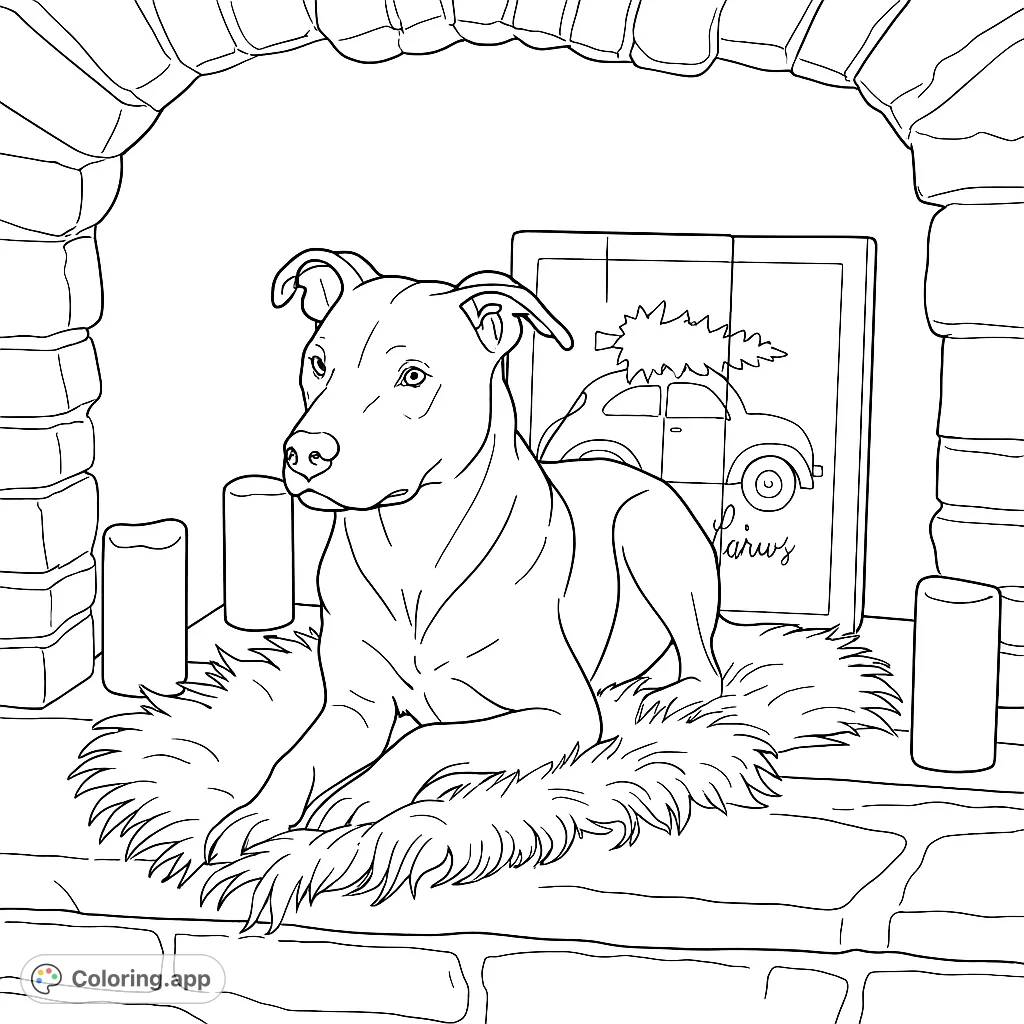 A charming dog relaxes by a stone fireplace, resting on a plush rug. Includes festive decor with a vintage car and tree, perfect for a cozy scene.