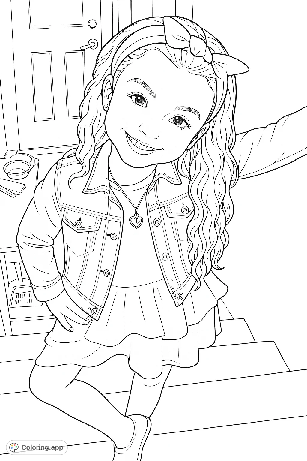 A charming coloring page of a smiling young girl with wavy hair and a bow, wearing a tiered dress and jacket, standing on stairs.