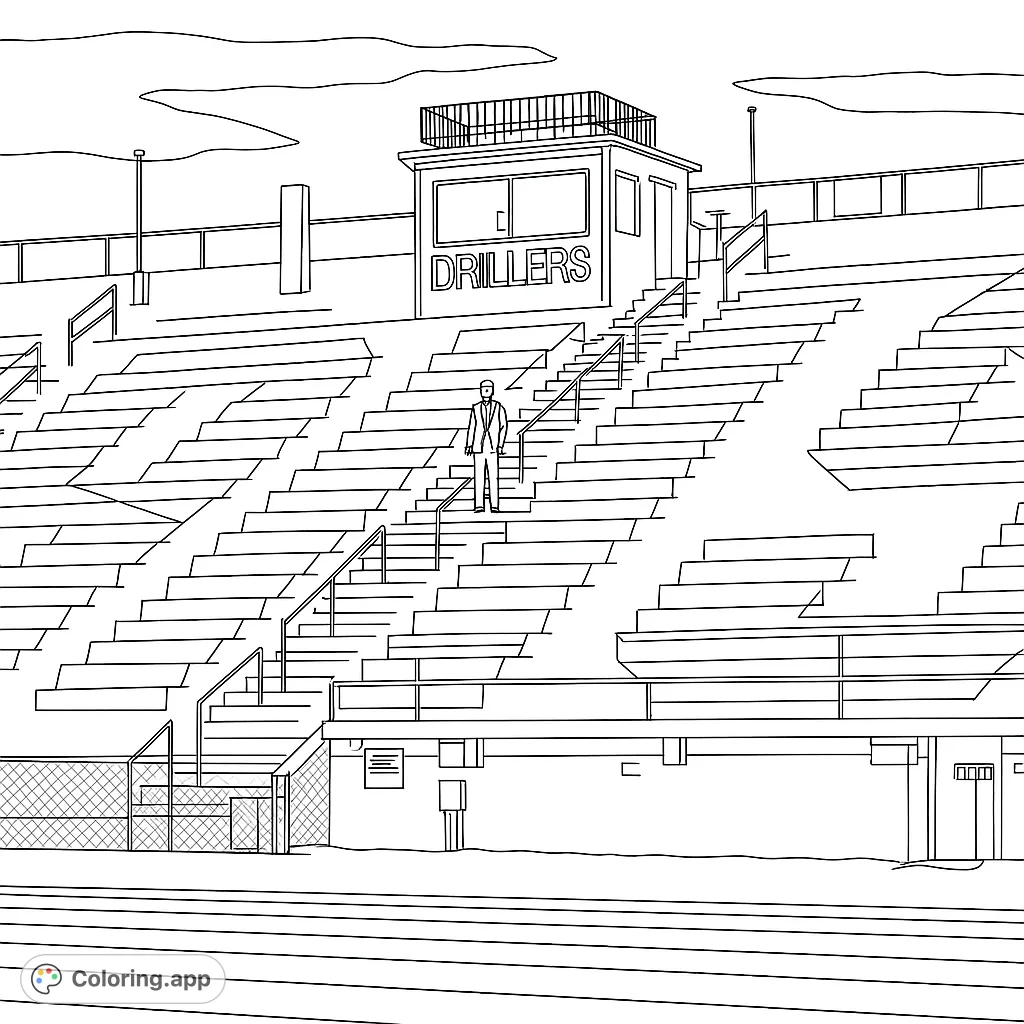 Color a compelling stadium scene featuring vast bleachers with a unique pattern, a prominent press box, and a lone figure. Ideal for sports fans.