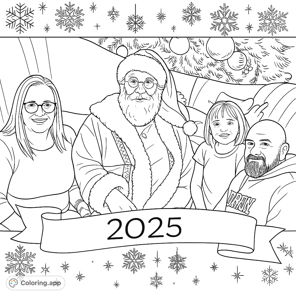 A cheerful family poses with a classic holiday figure against a festive tree backdrop. Perfect for capturing the spirit of togetherness and joy.