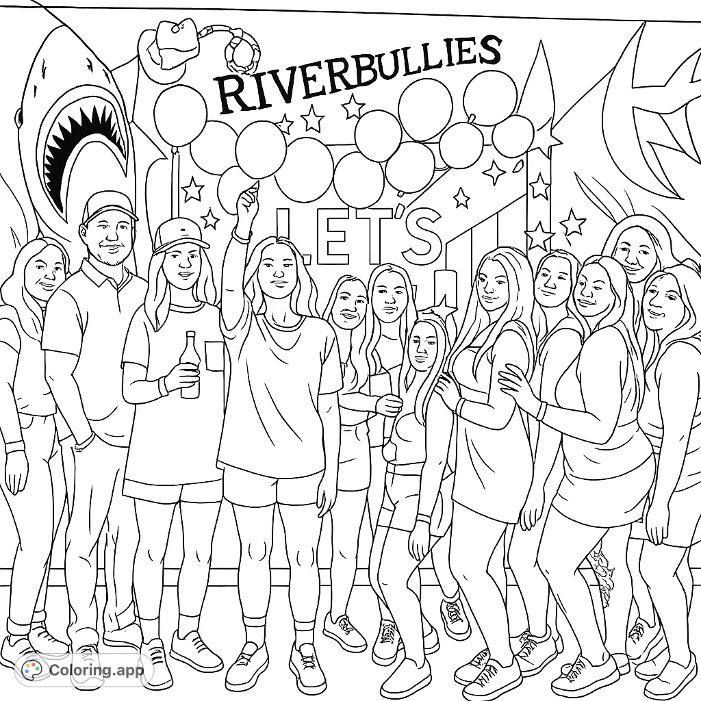 Join a lively group of friends at the Riverbillies event! This party scene features a fun crowd, decorative balloons, and a unique wall mural with a shark and themed text.