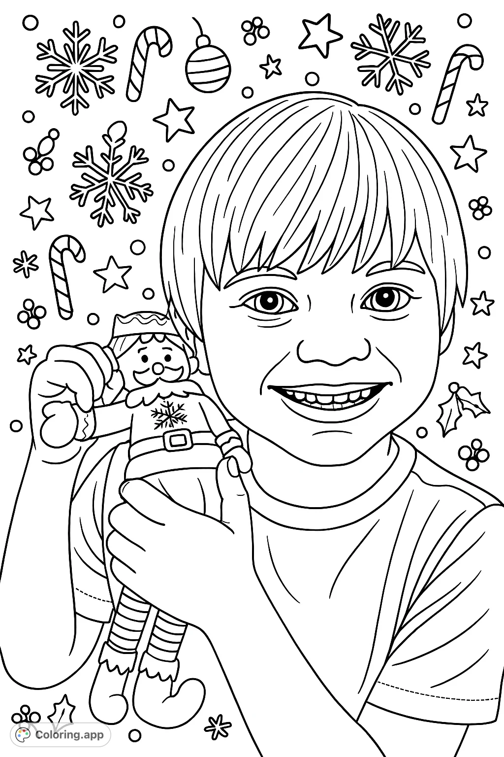 A delightful Christmas coloring page featuring a smiling child holding a charming elf doll, perfect for spreading holiday cheer and encouraging creative expression.