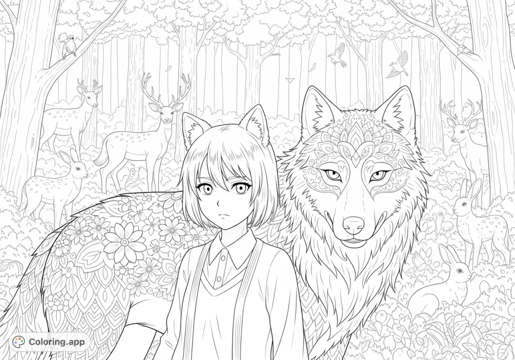 An enchanting fantasy forest coloring page featuring a serious anime girl with wolf ears alongside a majestic wolf with unique floral fur patterns, surrounded by woodland animals.