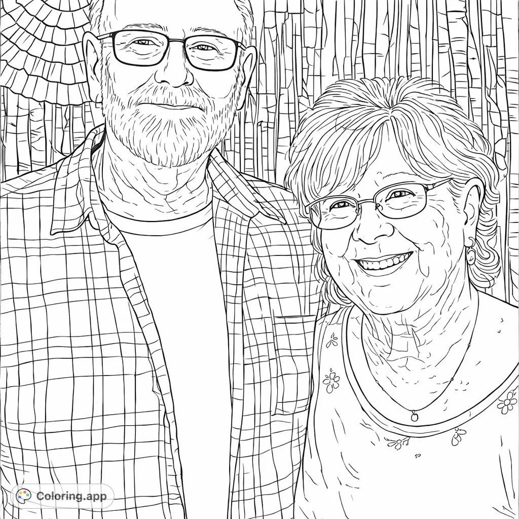 A heartwarming portrait of a smiling older couple against a festive backdrop. Perfect for personalizing with your favorite shades and celebrating family bonds.