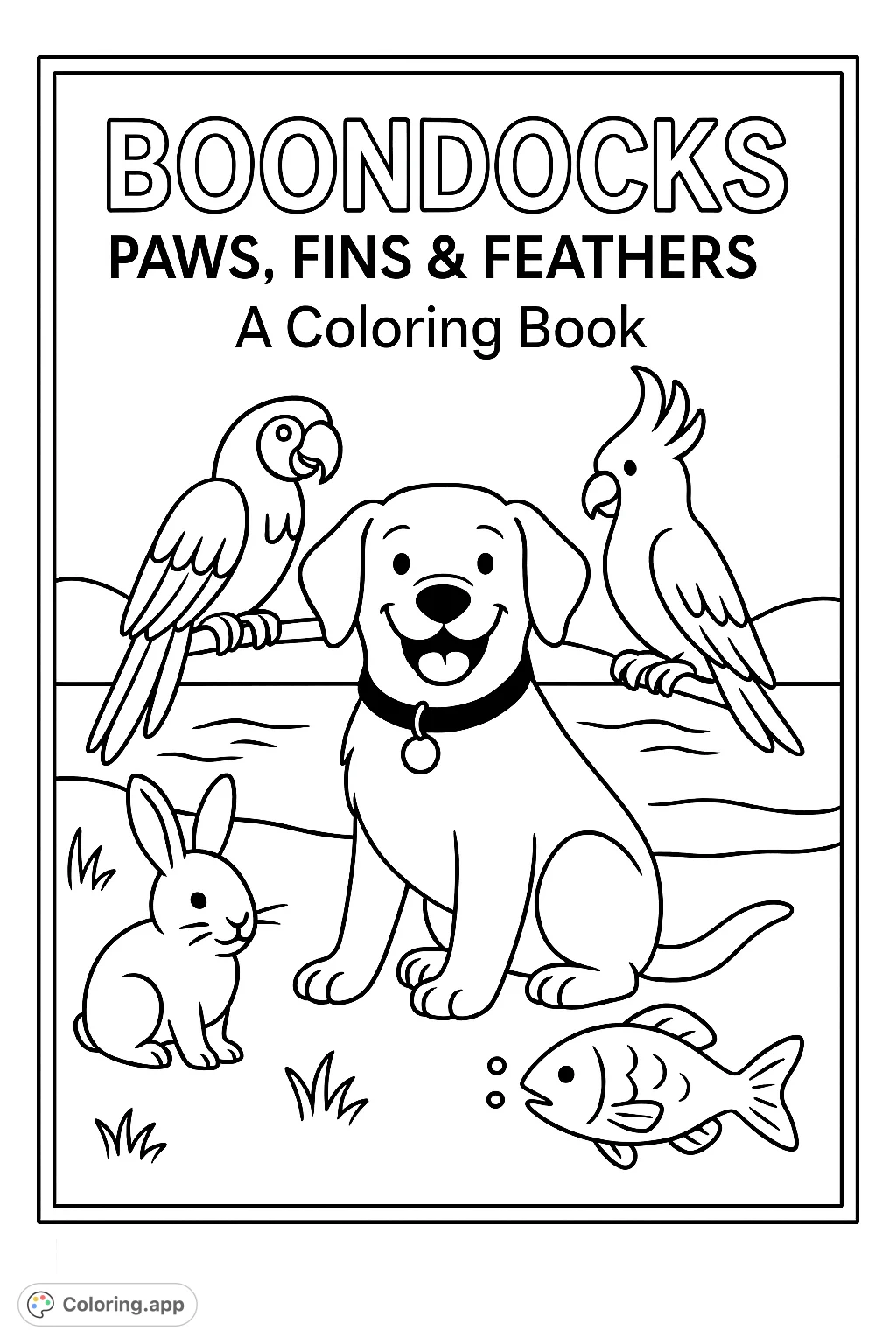 A delightful animal friends coloring page featuring a happy dog, two playful parrots, a cute rabbit, and a swimming fish, set against a simple landscape.