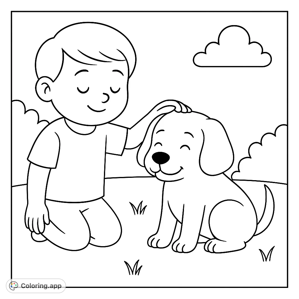 A heartwarming free printable pet coloring page featuring a smiling boy gently petting his happy puppy outdoors, with bushes and a cloud. Perfect for kids!