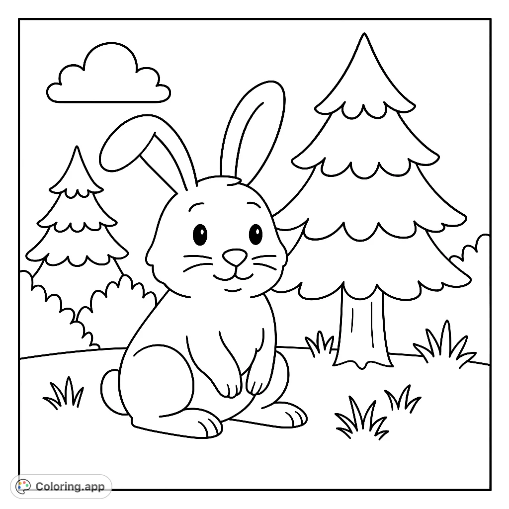 A cute, smiling bunny sits peacefully in a simple woodland scene with trees, bushes, and a cloud. Perfect for young artists!