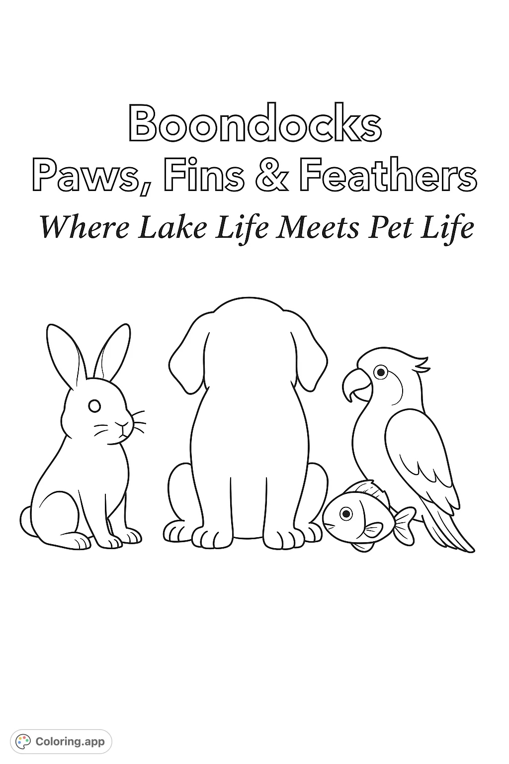An engaging animal silhouettes coloring page featuring a rabbit, dog, parrot, and fish. Perfect for all ages to explore animal shapes and creativity.