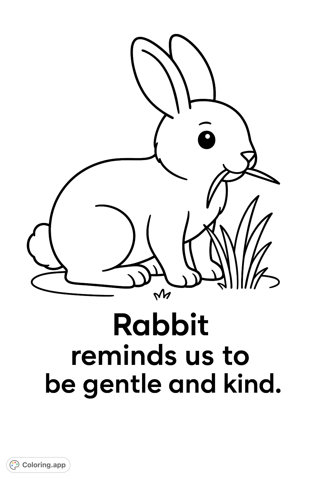 A charming rabbit holds a blade of grass in a simple outdoor scene. Perfect for young artists to explore creativity with this cute animal coloring page.