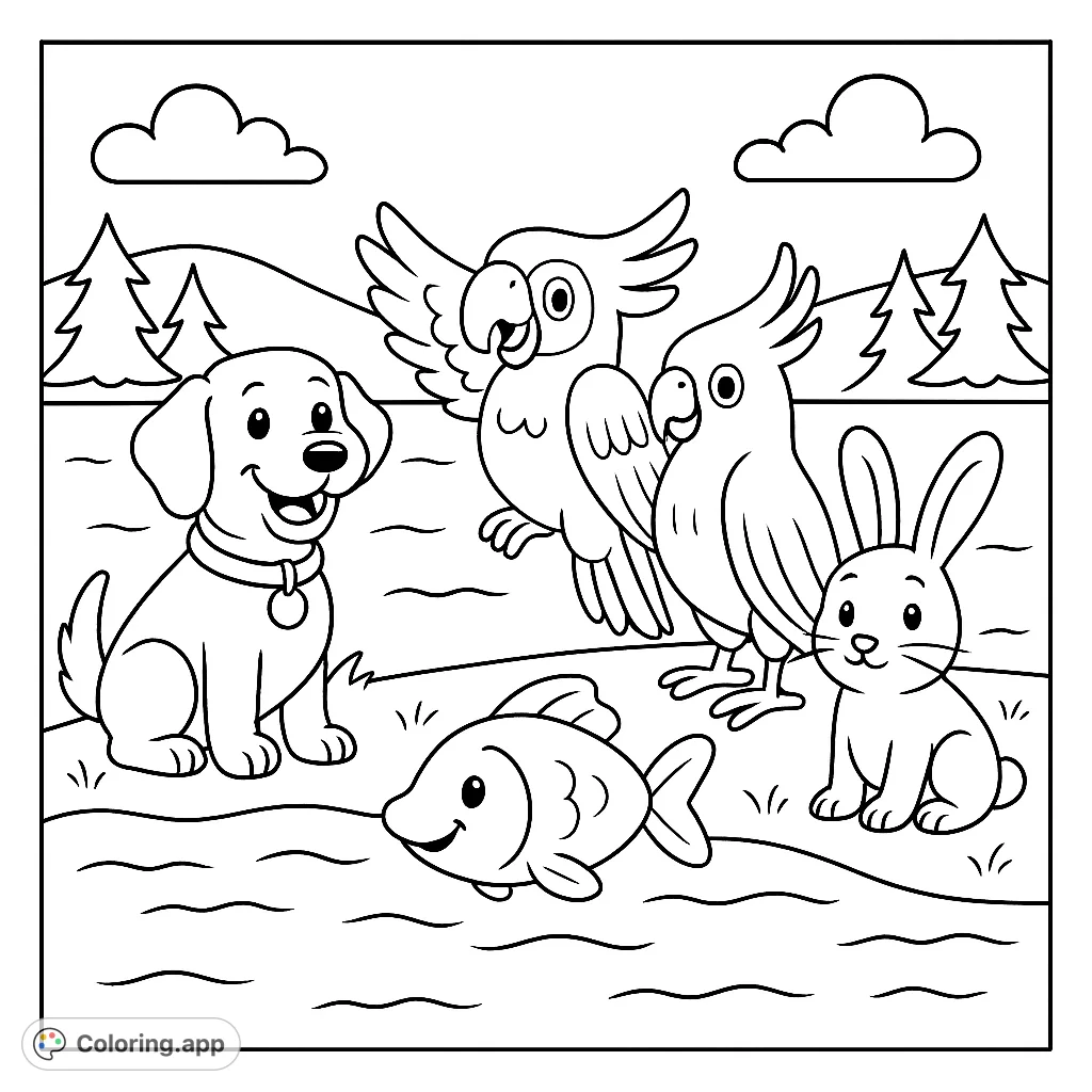 Join a cheerful gathering of a puppy, parrots, a fish, and a bunny in a charming outdoor scene, perfect for a delightful coloring adventure!