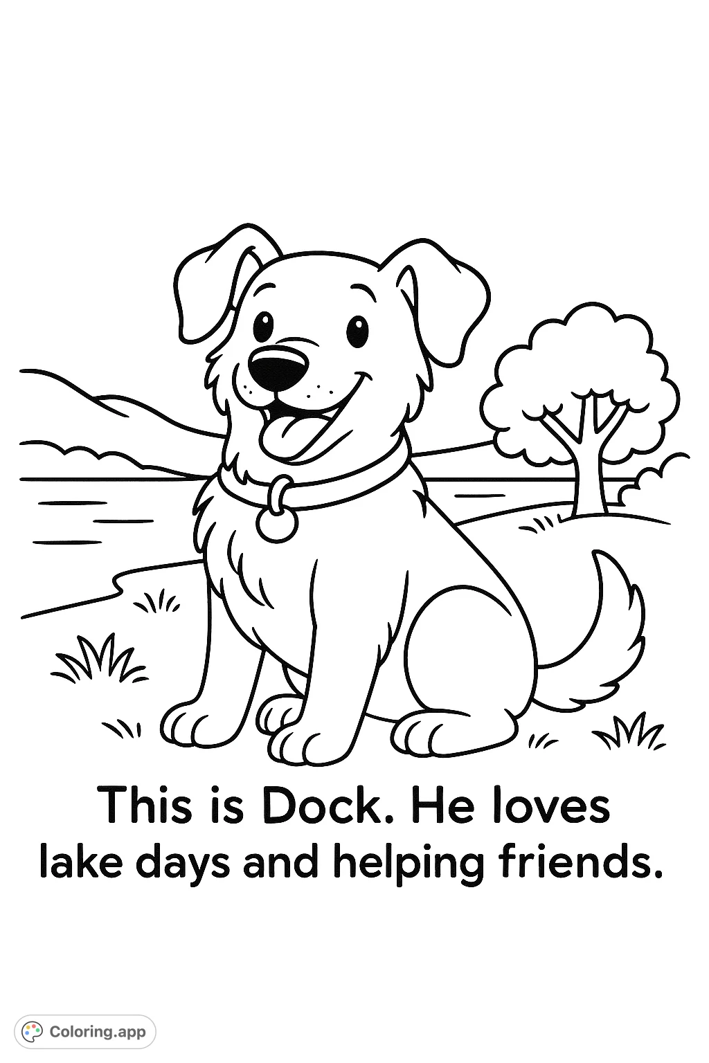 A friendly cartoon dog sits by a calm lake with gentle hills and a whimsical tree, ready for fun adventures. This charming scene is perfect for young animal lovers!