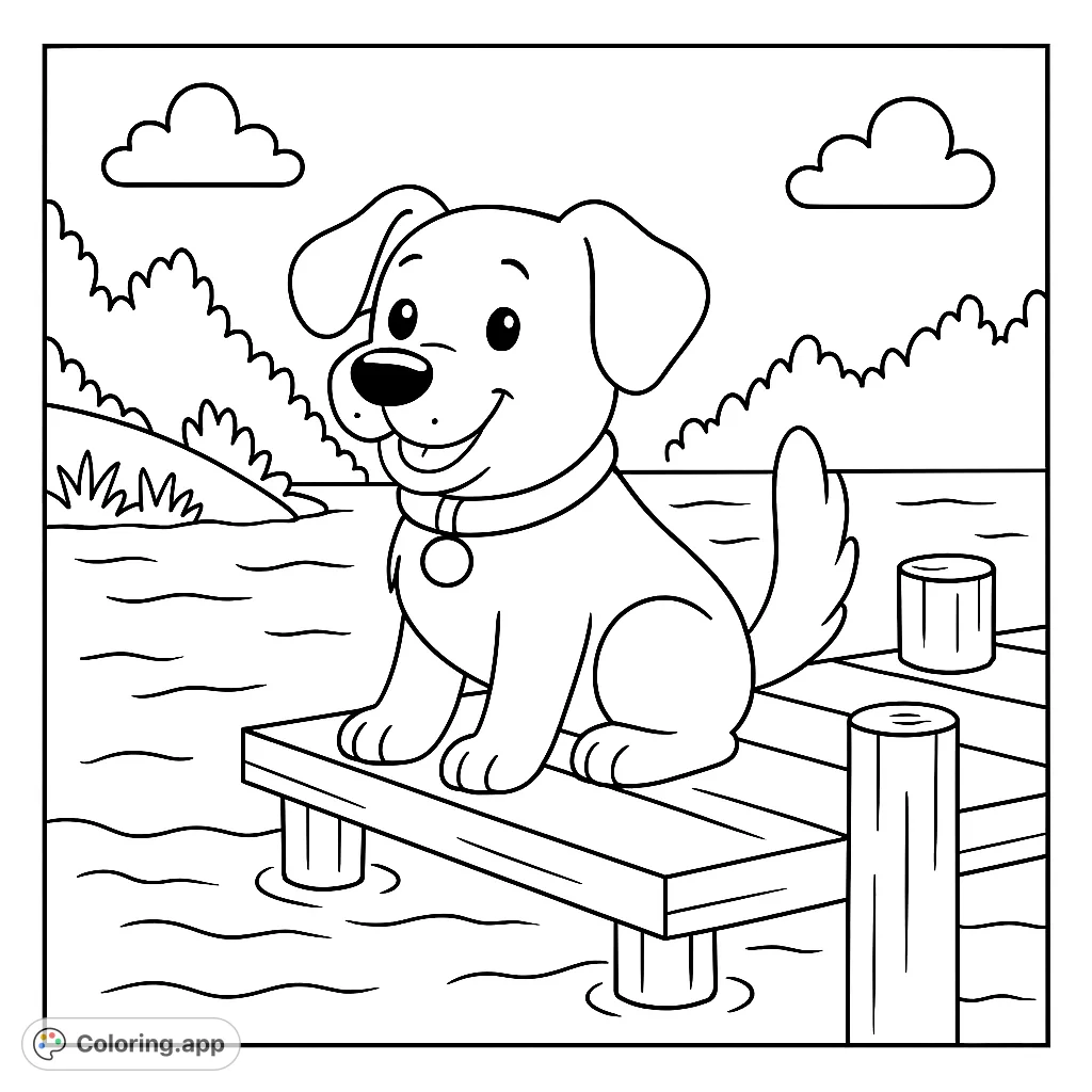 Bring this adorable puppy on a dock scene to life! Perfect for young artists, featuring a smiling dog, wooden planks, and a serene waterside setting.