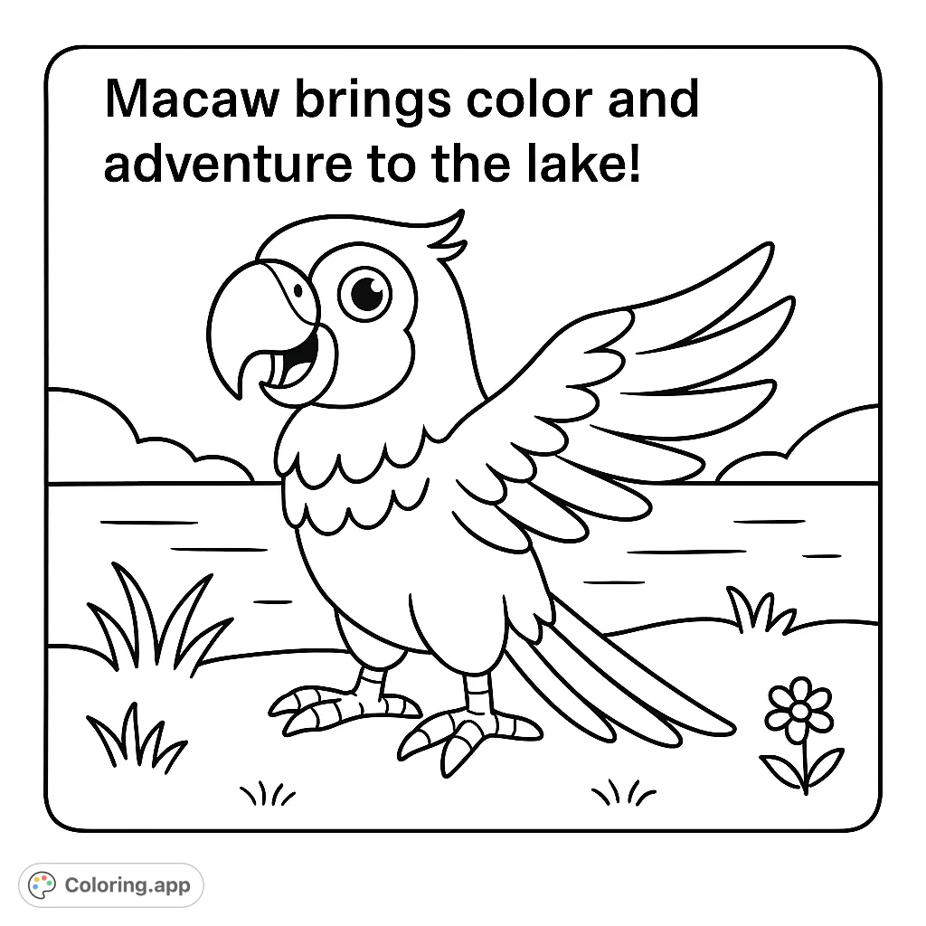 A charming parrot stands by a tranquil lake, surrounded by simple foliage and a flower. This delightful scene invites creativity and imaginative coloring for all ages.