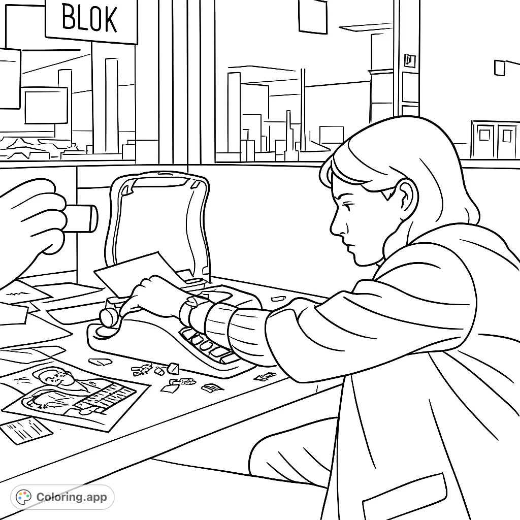 Explore a detailed scene of a person engaged in desk work, surrounded by office items, papers, and intriguing background elements. Perfect for focused coloring.