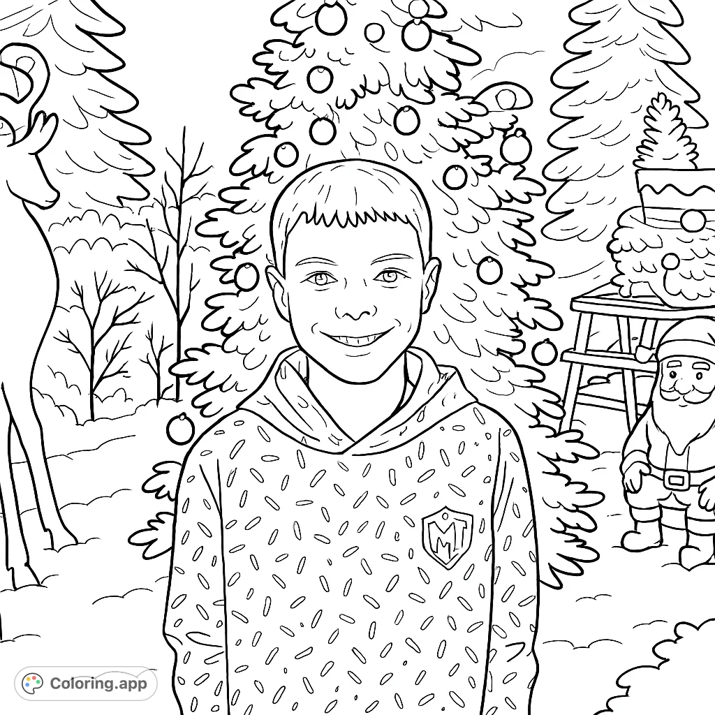A cheerful boy in a unique patterned hoodie, standing amidst a delightful winter wonderland with decorated evergreen trees and festive characters. A joyful holiday scene.