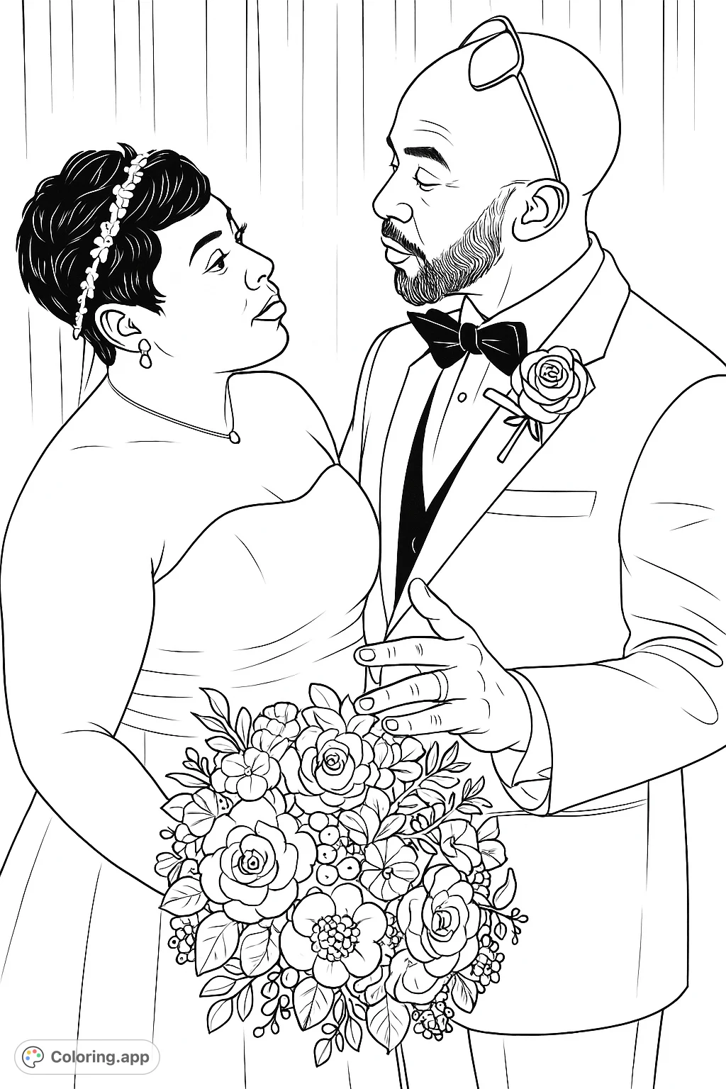 Capture a beautiful wedding moment with this romantic couple's portrait. Featuring a bride with a stunning bouquet and a dapper groom, perfect for celebrating love.