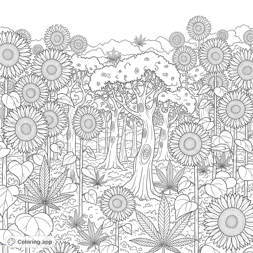 Immerse yourself in a surreal botanical landscape featuring towering sunflowers, twisted 'trippy' forest elements, and detailed marijuana plants. A unique coloring adventure awaits.