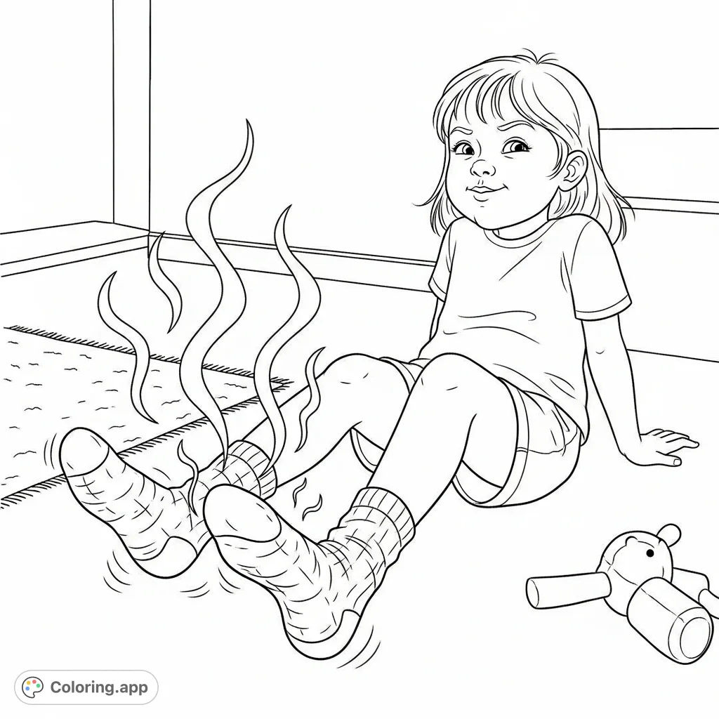 A charming coloring page of a girl playfully presenting her well-worn socks, complete with visual cues of their potent aroma. Perfect for kids and playful adults.