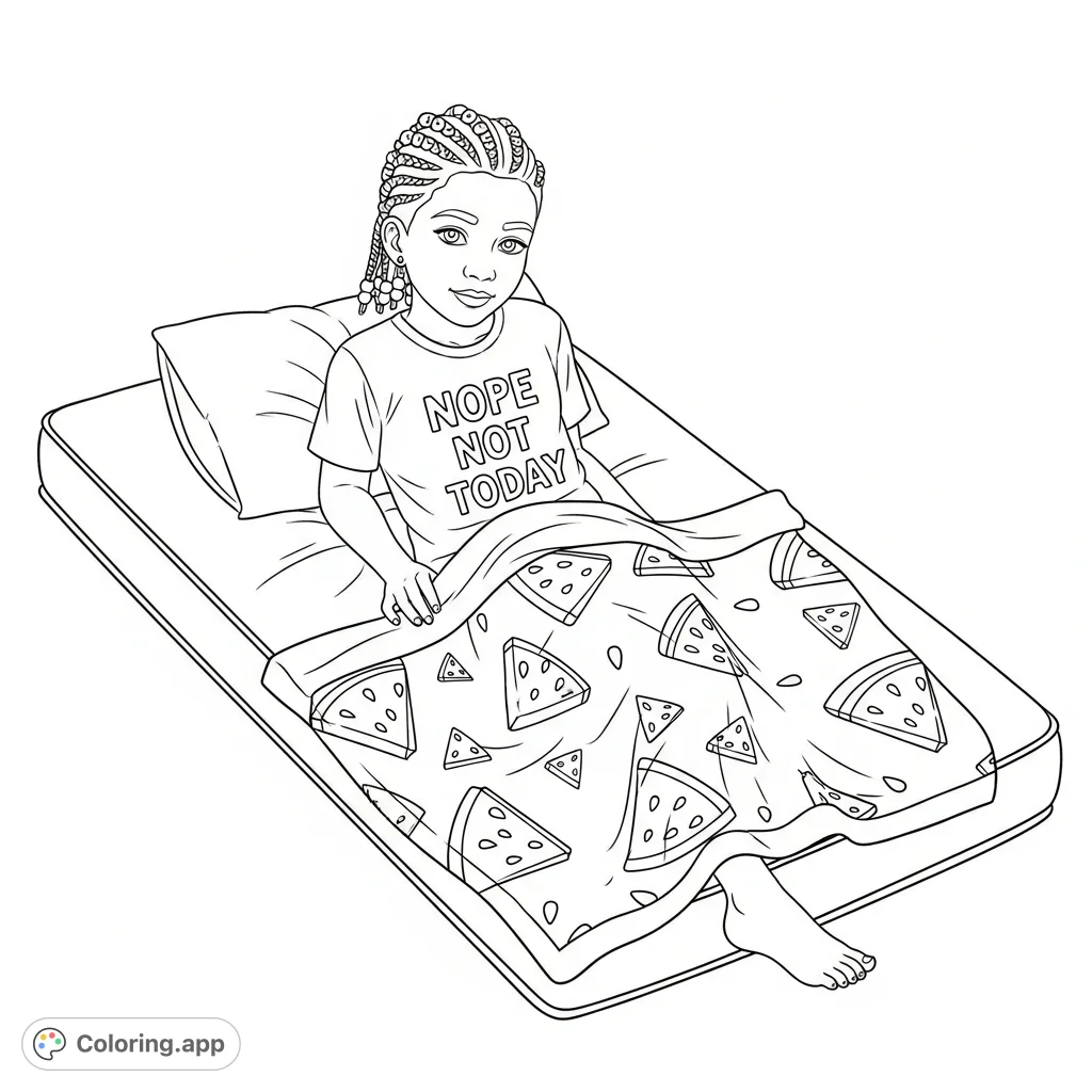 A relatable coloring page featuring a little girl with braids and beads on a mattress, wearing a 'nope not today' shirt and a fun watermelon blanket.