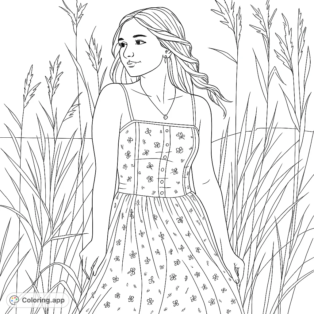 A charming young woman in a detailed floral dress stands gracefully amidst a field of tall grasses under an open sky, perfect for creative expression.