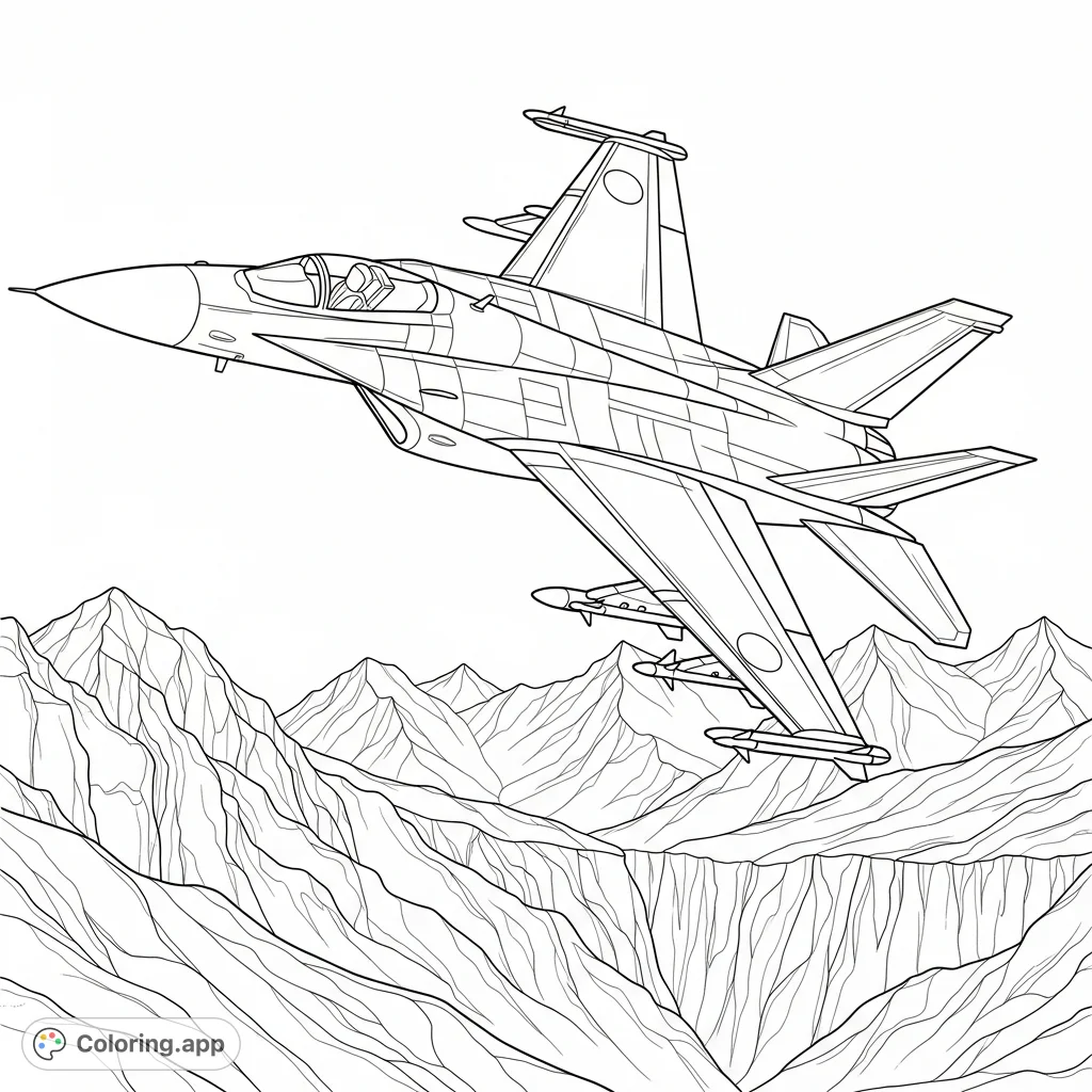 Soar with a powerful fighter plane as it flies over majestic, rugged mountains. This dynamic scene offers detailed aircraft and breathtaking landscapes.