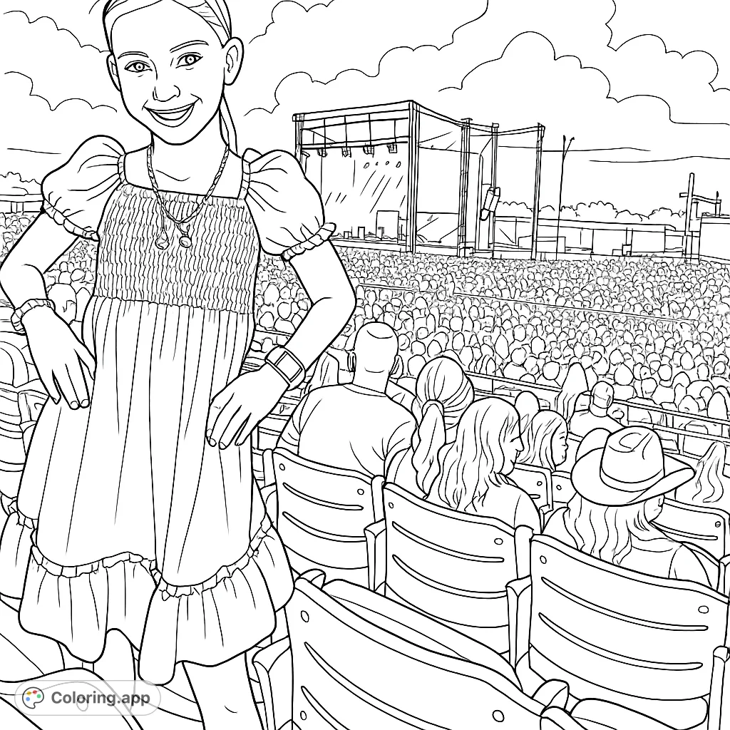 Capture the joy of a live concert! A cheerful girl in a textured dress enjoys the show amidst a bustling crowd and grand stage, ready for your creative touch.