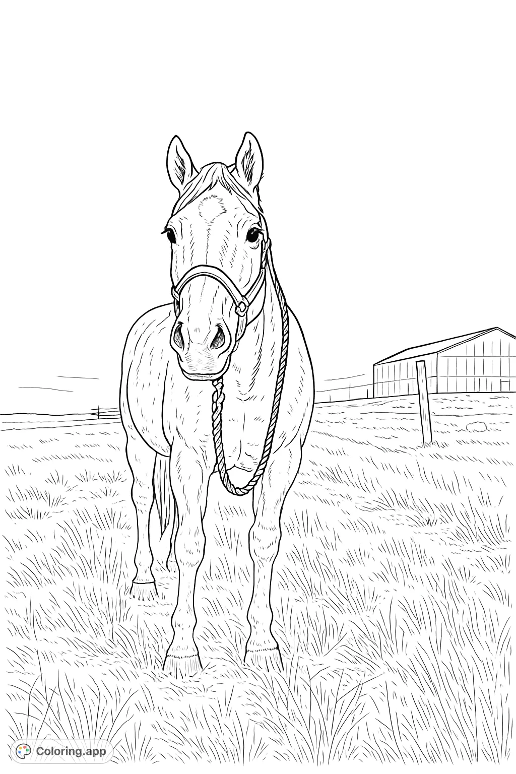 A serene horse stands in an open field, gazing forward. This horse coloring page is perfect for animal lovers to personalize with their favorite hues and create unique equine art.