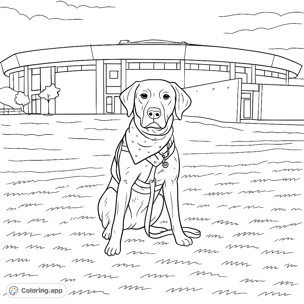 Color a friendly labrador dog sitting patiently in a park setting, with a large, modern stadium building in the background. Perfect for pet lovers and architectural enthusiasts.