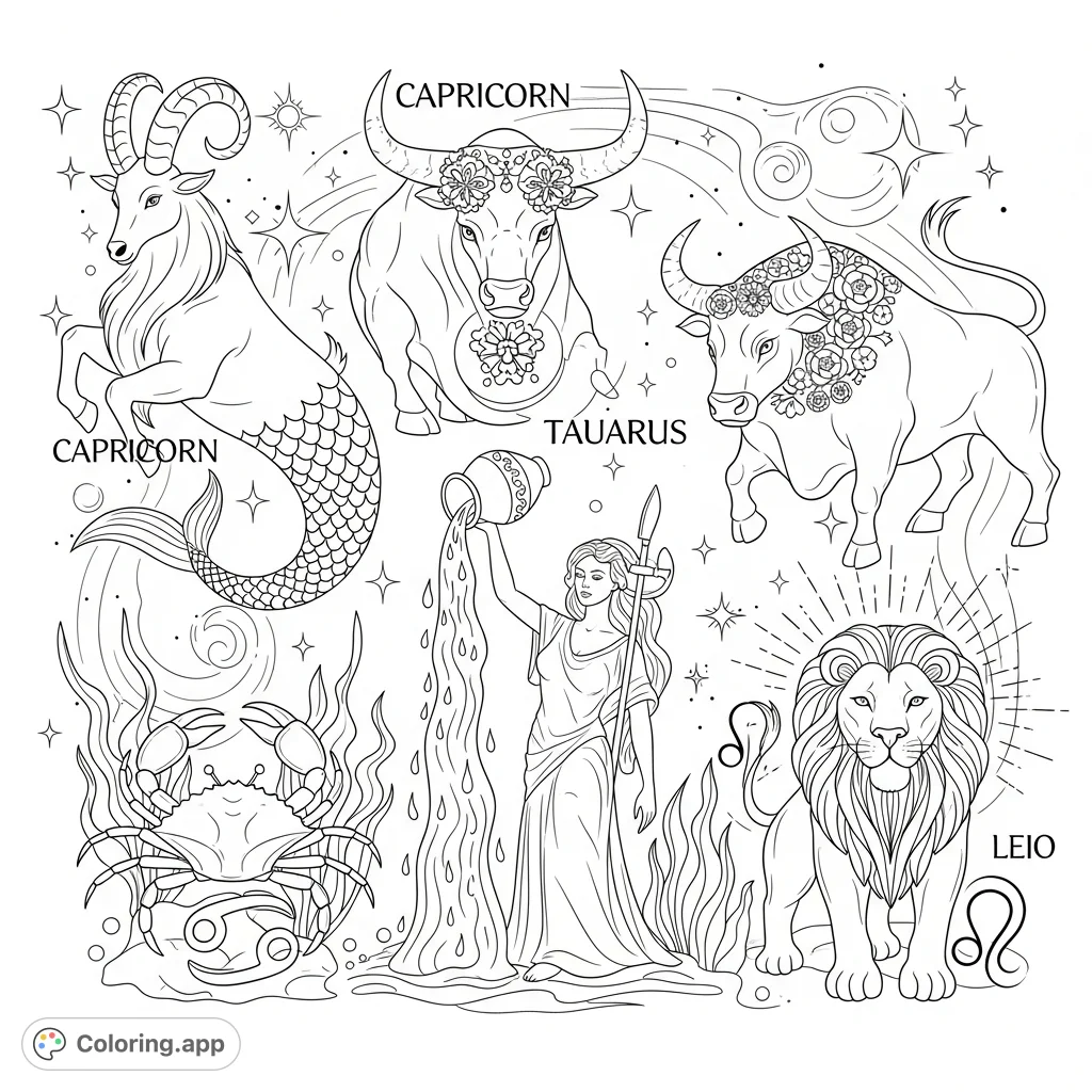 Explore a mystical arrangement of five zodiac symbols: Capricorn, Taurus, Aquarius, Cancer, and Leo. Detailed with celestial and elemental motifs for a captivating experience.