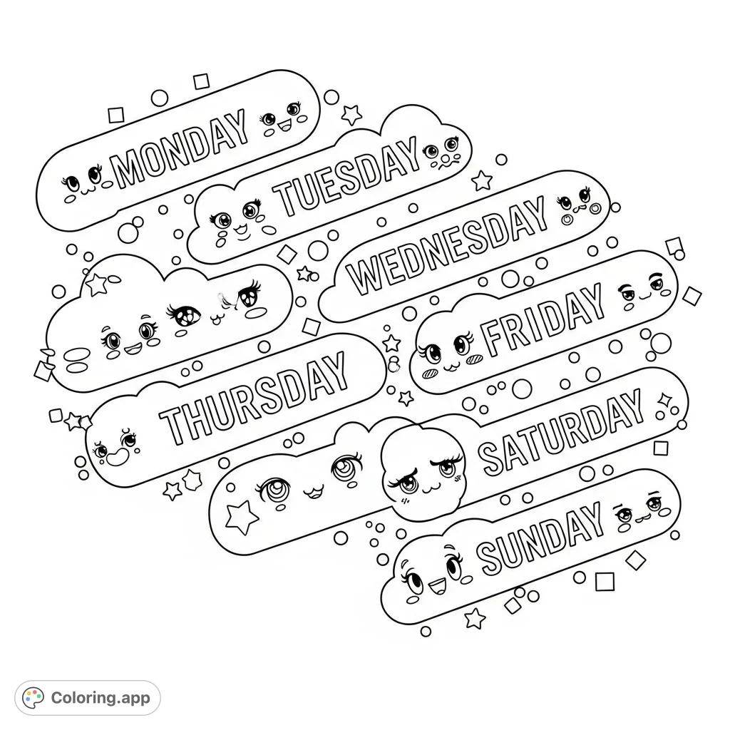 Explore and color each day of the week with this delightful coloring page featuring seven distinct banners and playful shapes. Perfect for learning and creative expression.