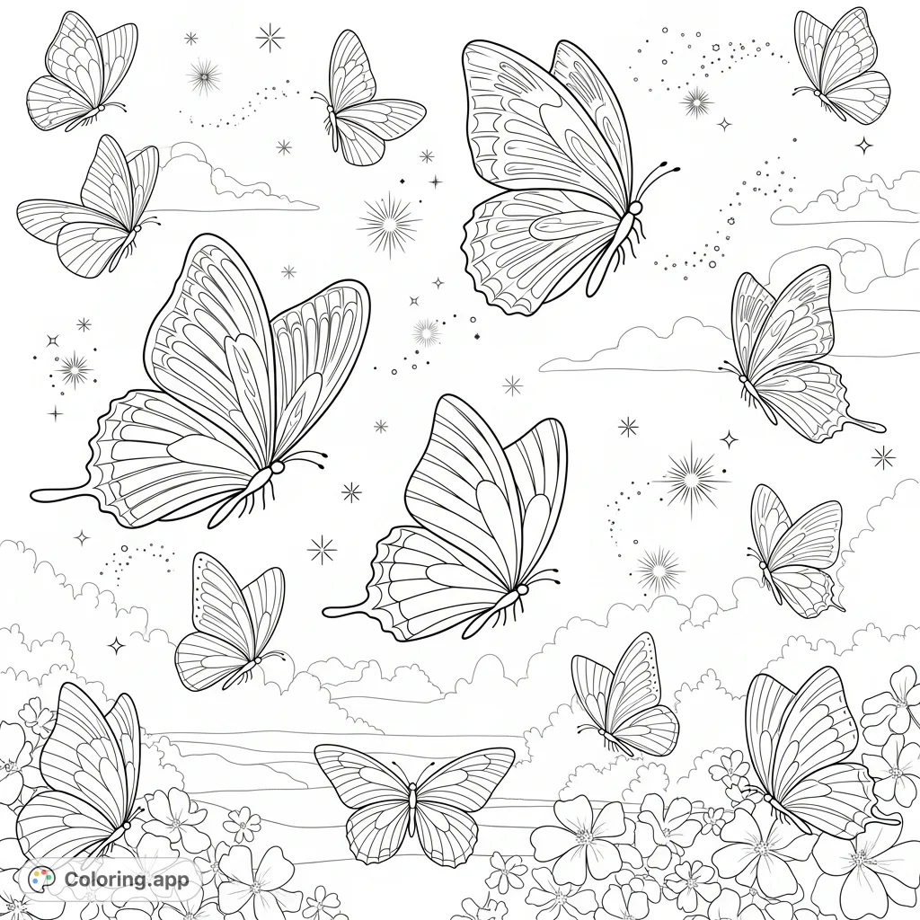 An enchanting scene filled with various butterflies, gracefully fluttering amidst a shower of whimsical sparkles and delicate floral elements, perfect for a butterflies coloring page.