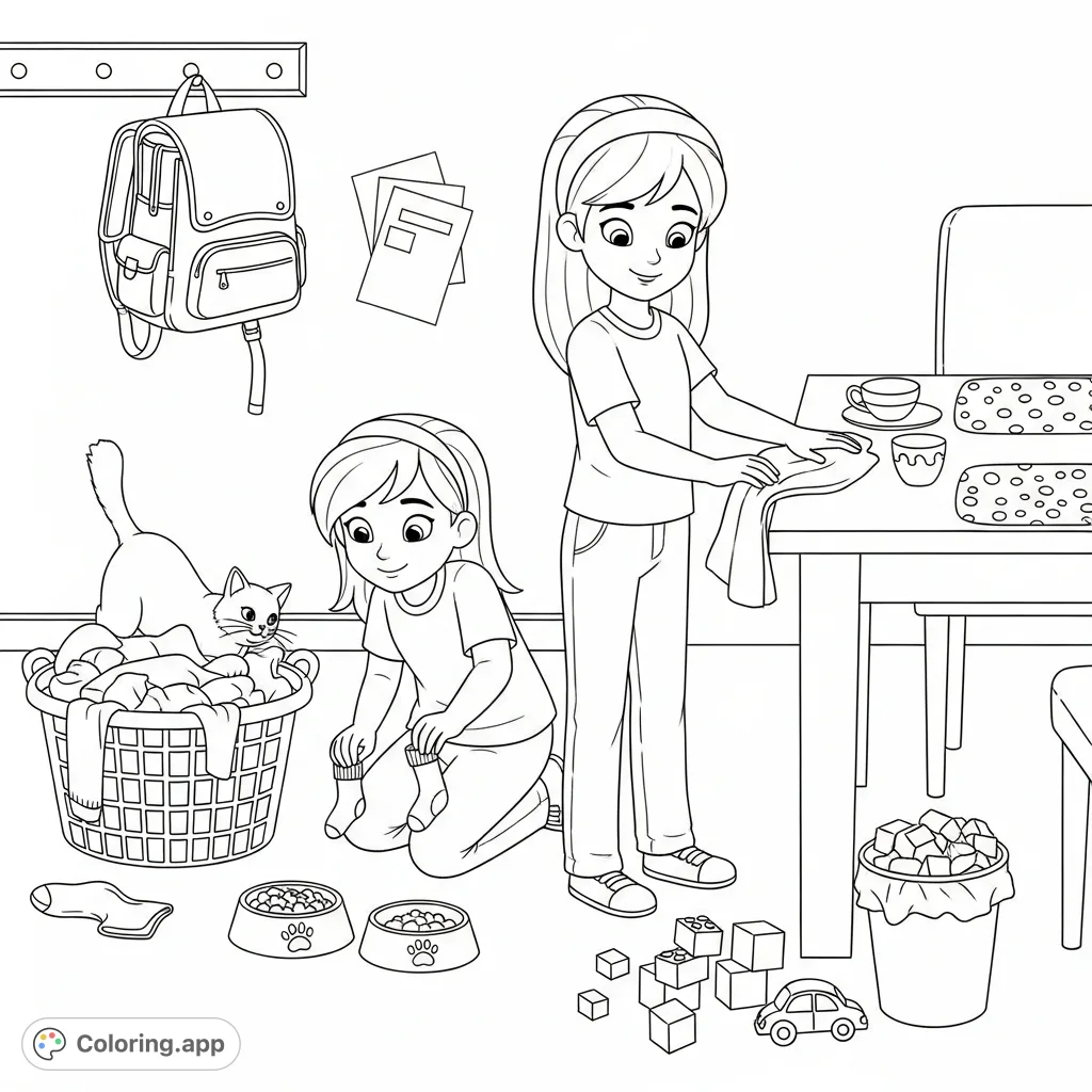 An engaging Layla's chores coloring page featuring a child completing daily tasks like feeding pets, tidying up, and helping with household duties.