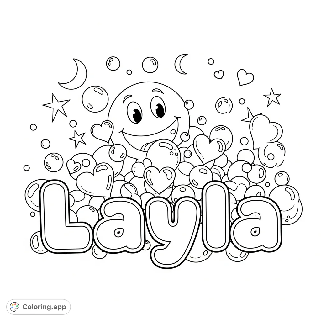A delightful "Layla" coloring page featuring bold, rounded letters, playful bubbles, whimsical hearts, and a cheerful smiley face for a fun, personalized creative activity.