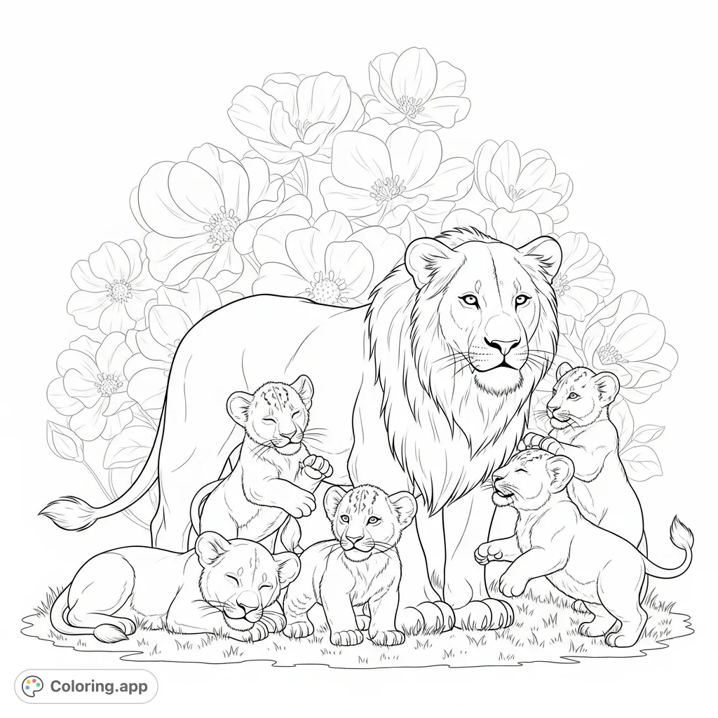 A heartwarming mama lion and her five adorable cubs amidst a serene floral backdrop. Perfect for animal lovers, offering a calming coloring experience.