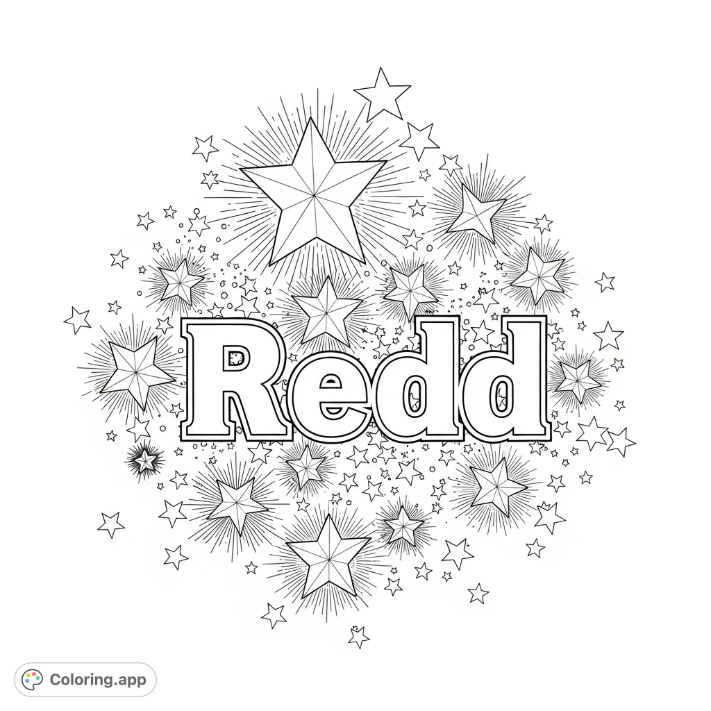 A unique Redd coloring page featuring the name "Redd" surrounded by a captivating celestial display of stars. Perfect for personalization and creative expression.