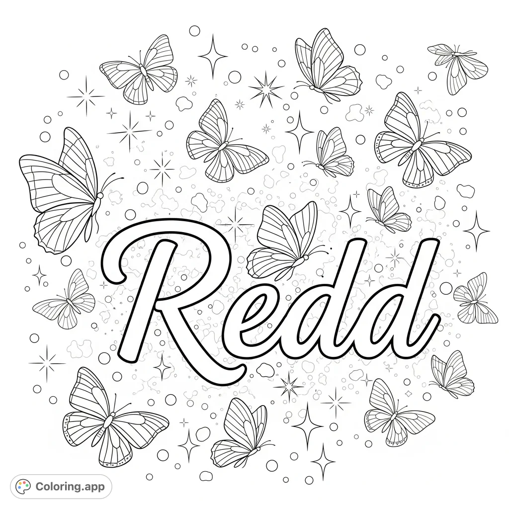 A magical Redd coloring page featuring the word 'Redd' surrounded by a flutter of graceful butterflies and shimmering sparkles. Perfect for personalized projects or relaxing fun.