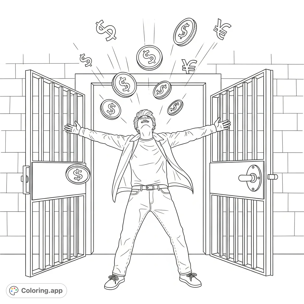 A figure celebrates triumph and liberation with open jail gates and money symbols, embodying ultimate freedom and financial independence.