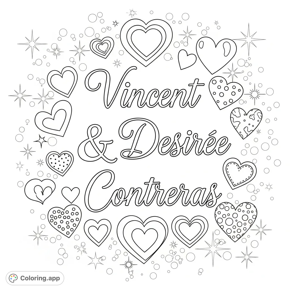 A romantic coloring page featuring the names Vincent & Desiree Contreras surrounded by hearts and sparkles. Perfect for personalizing special moments.