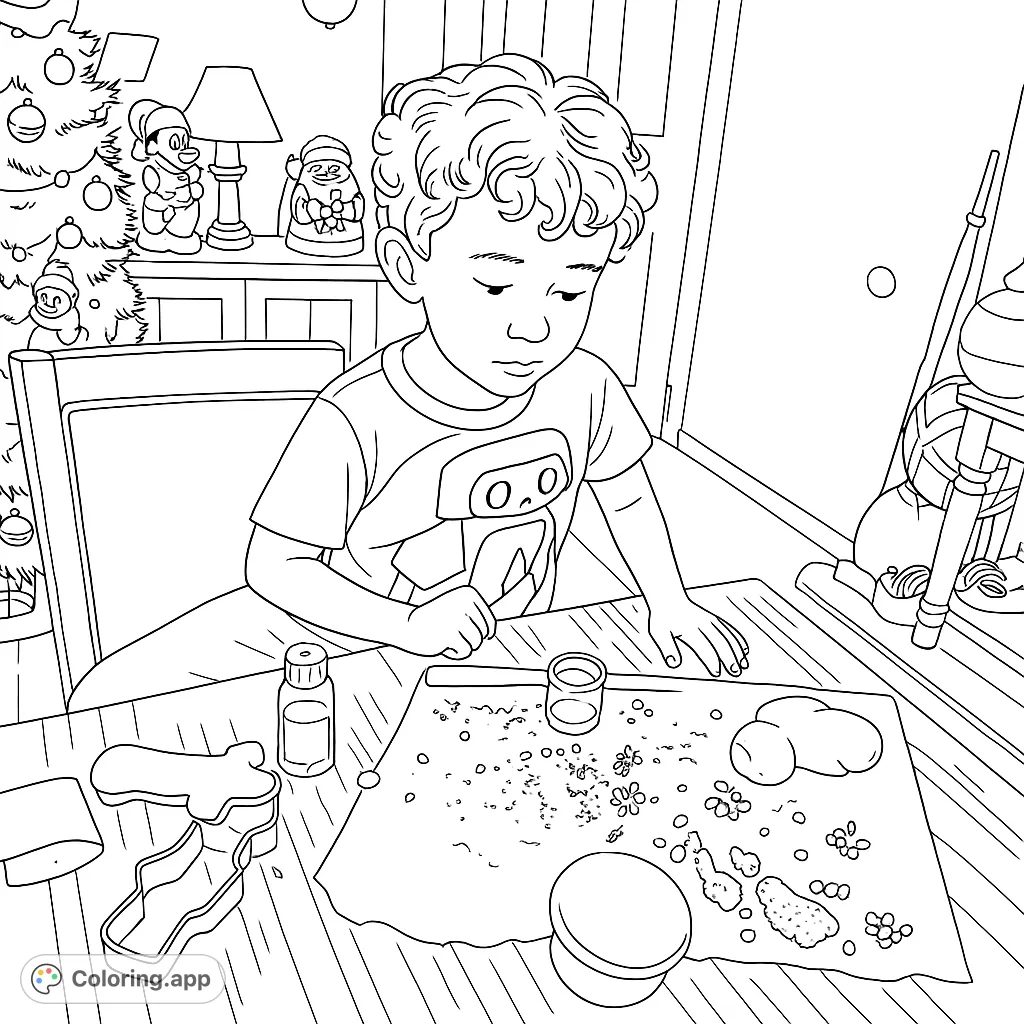 A charming coloring page featuring a child focused on decorating holiday cookies with various sprinkles and cookie cutters, set against a festive background.