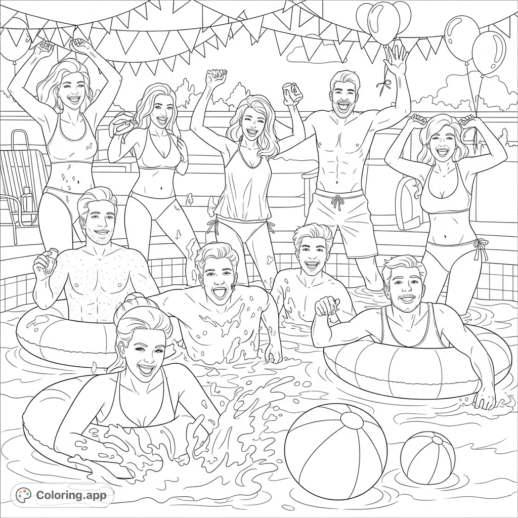 Join a lively group of friends laughing and having fun at a vibrant pool party. This cheerful scene is perfect for bringing to life with your favorite colors.