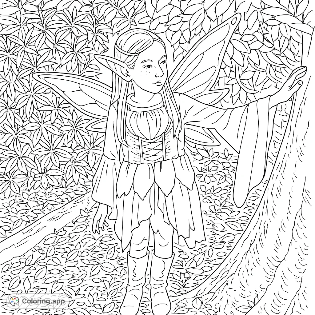 An enchanting woodland fairy, complete with intricate wings and elfin ears, reaching out to a tree in a leaf-strewn forest. Perfect for fantasy enthusiasts!