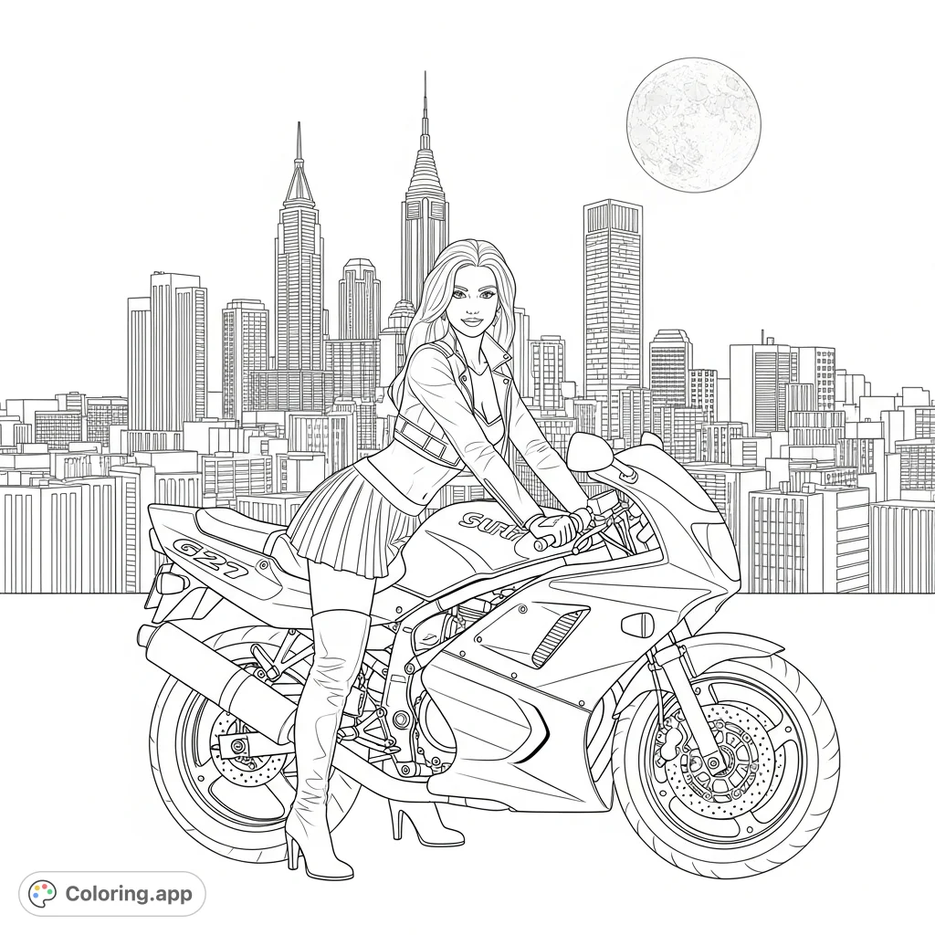 A stylish woman on a GXR R600 motorcycle with a striking city skyline and a full moon backdrop, perfect for an edgy coloring experience.